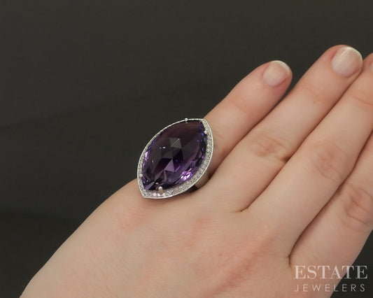 14k White Gold Fantasy Cut Natural Amethyst & Diamond Cocktail Ring 7.1g p22959