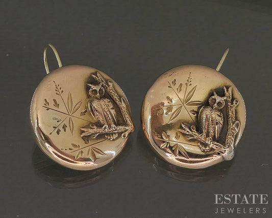 Antique Victorian 14k Yellow Gold Owl Disk Leverback Earrings 5.5g p23188