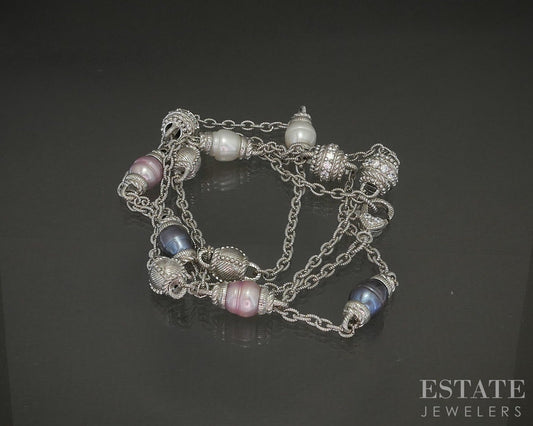 Sterling Judith Ripka Pearl & CZ Cable Link Station Necklace 59g 36"L p25279