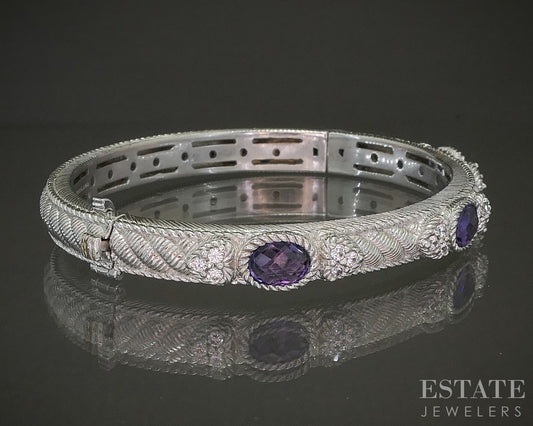 Sterling Silver Judith Ripka Natural Amethyst & CZ Bangle Bracelet 27.7g p25285
