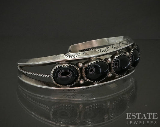 Vintage Sterling Navajo Black Onyx Jason Livingston Cuff Bracelet 29.7g p25305