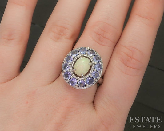 Sterling Natural Opal Tanzanite & White Sapphire Shield Ring 6.3g p25333