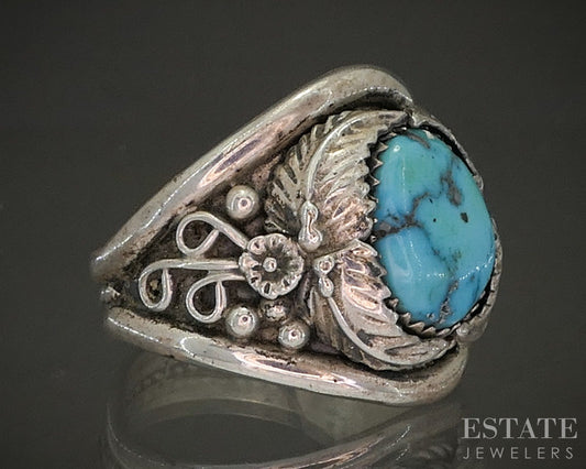 Vintage Sterling Natural Turquoise Navajo Albert Cleveland Mens Ring 11g p25343