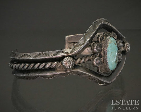 Vintage Sterling Natural Turquoise Fred Harvey Navajo Cuff Bracelet 34g p25423
