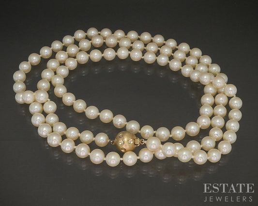 Vintage 14k Yellow Gold 6.9mm Akoya Pearl & Diamond Clasp Necklace 32"L p22602b