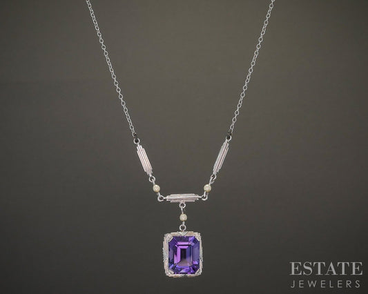 Antique Art Deco 10k White Gold Amethyst & Seed Pearl Necklace 3.2g 16"L p22029b