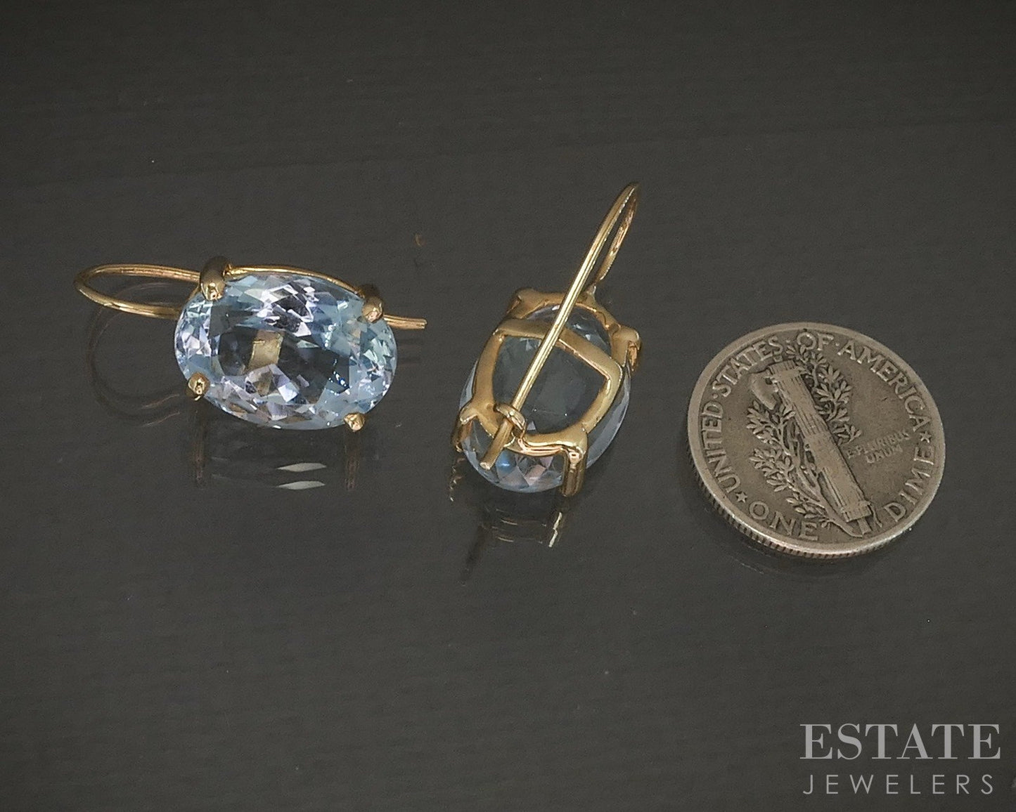 14k Yellow Gold Oval Natural Blue Topaz French Wire Dangle Earrings 6.0g p22597b