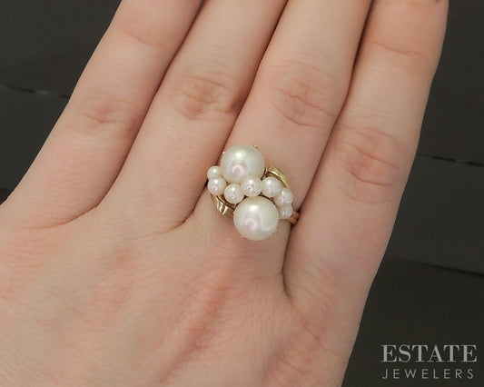 Vintage 14k Yellow Gold Mings Cultured Pearl Cluster Ring 5.5g p21640b