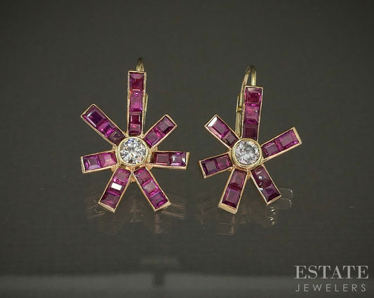 18k Yellow Gold Natural Ruby & Diamond Leverback Dangle Earrings 5.7g p20830