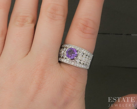 14k White Gold Round Cut Natural Amethyst & Diamond Cocktail Ring 14.2g p24153