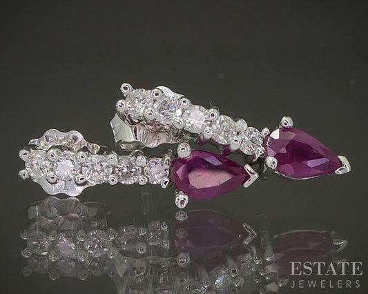 14k White Gold Pear Natural Ruby & Diamond Dangle Earrings 1.5g p24719