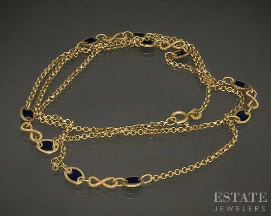 Vintage 14k Yellow Gold Blue Enameled Station Necklace 8.6g 26"L p24799