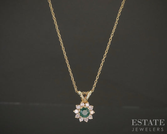 14k Yellow Gold Natural Emerald & Diamond Ladies Necklace 1.1g 18"L p23451