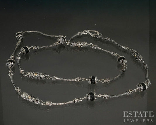 18k & Sterling BA Bali Suarti Black Onyx Beaded Chain Necklace 54g 31"L p26613