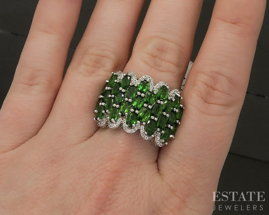 Sterling Natural Chrome Diopside & White Zircon Band Ring 7.9g p26642