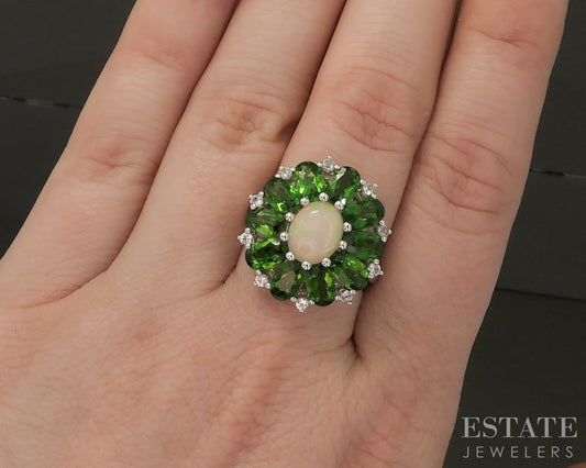 Sterling Natural Opal Chrome Diopside & White Zircon Cocktail Ring 5.9g p26647