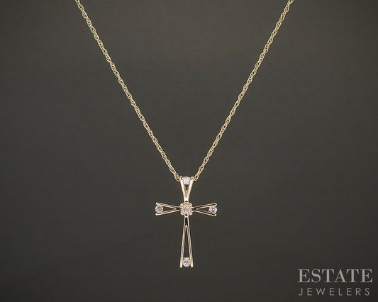 14k Yellow Gold Natural .06ctw Diamond Cross Ladies Necklace 1.4g 18"L p24143