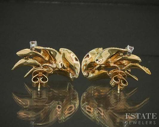 Vintage 18k Yellow Gold Natural Green Jade & Diamond Leaf Earrings 10.7g p23943