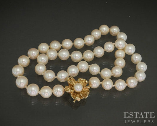 14k Yellow Gold 8.2mm Akoya Pearl Flower Clasp Ladies Necklace 16"L p26464
