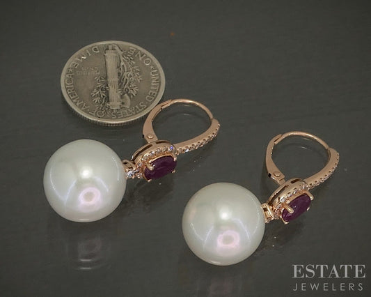 14k Rose Gold 12.6mm South Sea Pearl Ruby Diamond Honora Earrings 8.4g p24428