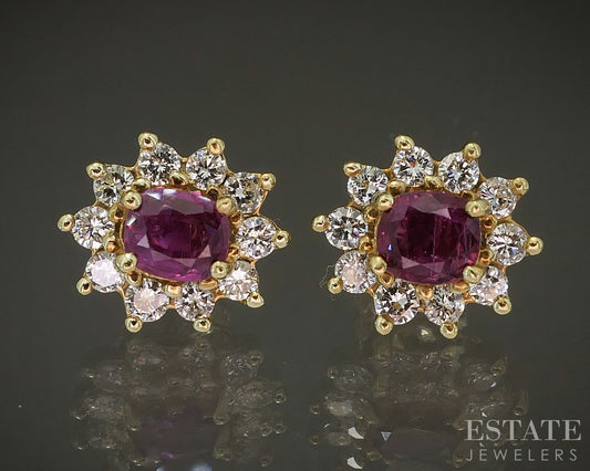 18k Yellow Gold Natural Ruby & Diamond Halo Stud Earrings 3.4g p24435