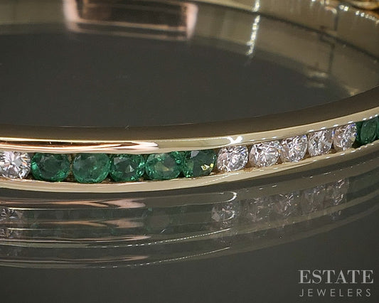 14k Yellow Gold Natural Emerald & Diamond Bangle Bracelet 16.1g p23931