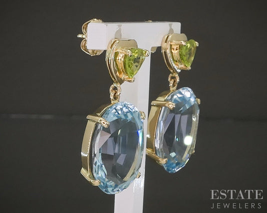 14k Yellow Gold Oval Natural Blue Topaz & Peridot Dangle Earrings 11.1g p26713