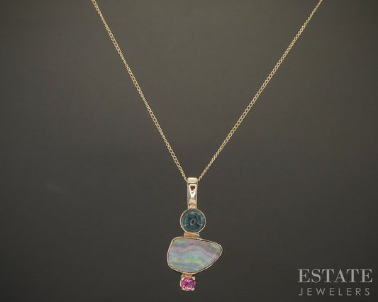 14k Yellow Gold Natural Tourmaline & Opal Ladies Necklace 4.5g 18"L p26108