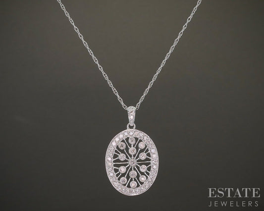 14k White Gold Natural .16ctw Diamond Oval Ladies Necklace 2.8g 18"L p26731