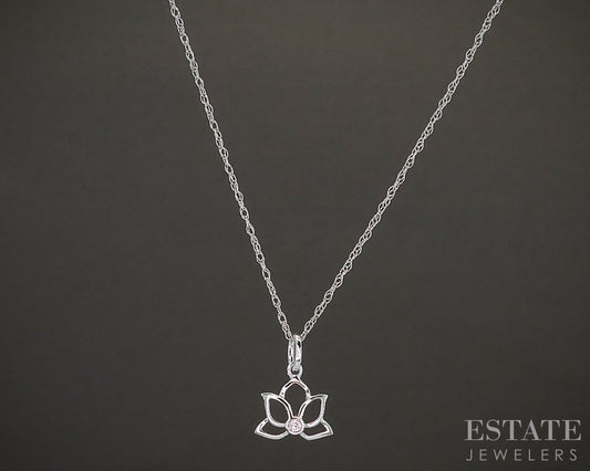 10k White Gold Lab Diamond Lotus Flower Dainty Pendant Necklace p27607