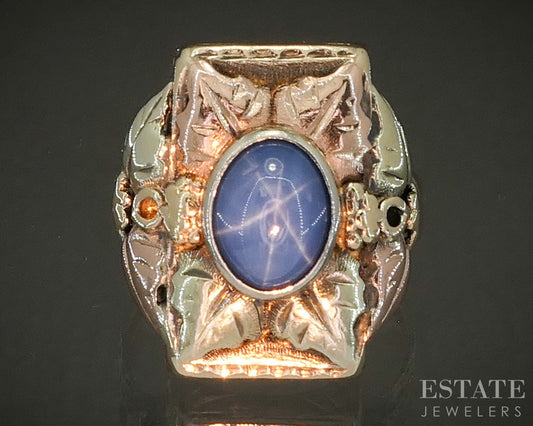 Vintage 10k Black Hills Gold Blue Star Sapphire Shield Band Ring 7.7g p25140b