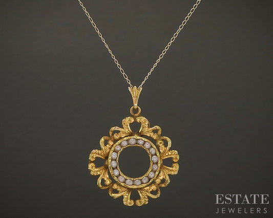 Antique Victorian 14k Yellow Gold Seed Pearl Circle Necklace 2.1g p24964b