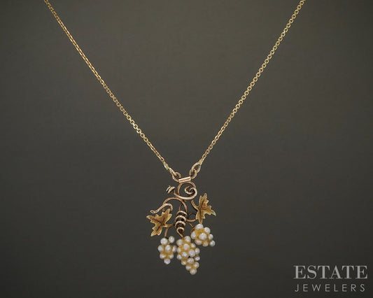 Antique Victorian 14k Yellow Gold Grapevine Seed Pearl Necklace 2.8g p24939b