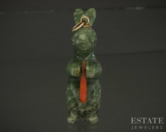 Vintage 14k Yellow Gold Green Jade & Coral Carved Rabbit Pendant 10.5g p24802b