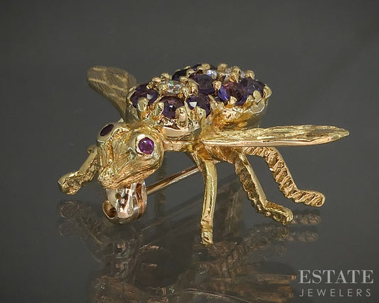 18k Yellow Gold Herbert Rosenthal Amethyst & Diamond Bee Bug Pin Brooch p26013