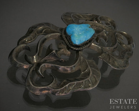 Vintage Sterling Sandcast Natural Turquoise Navajo Mens Belt Buckle 75g p28625