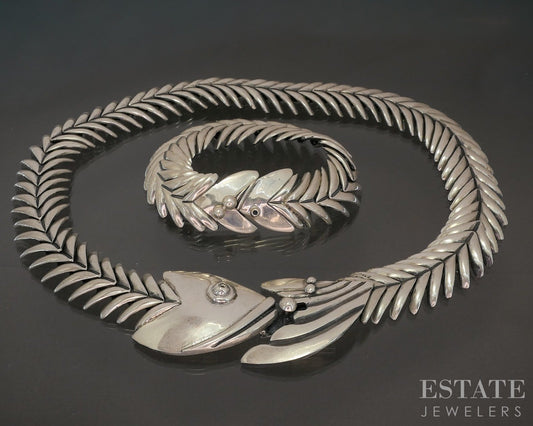 Vintage Sterling Mexico D Molina Fish Bone Necklace & Bracelet Set 240g p28635