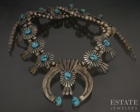 Sterling Morenci Turquoise Fred Thompson Navajo Squash Blossom Necklace p28651