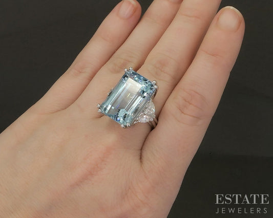 14k White Gold Emerald Natural 20.99ct Aquamarine & Diamond Ring 13g p28539