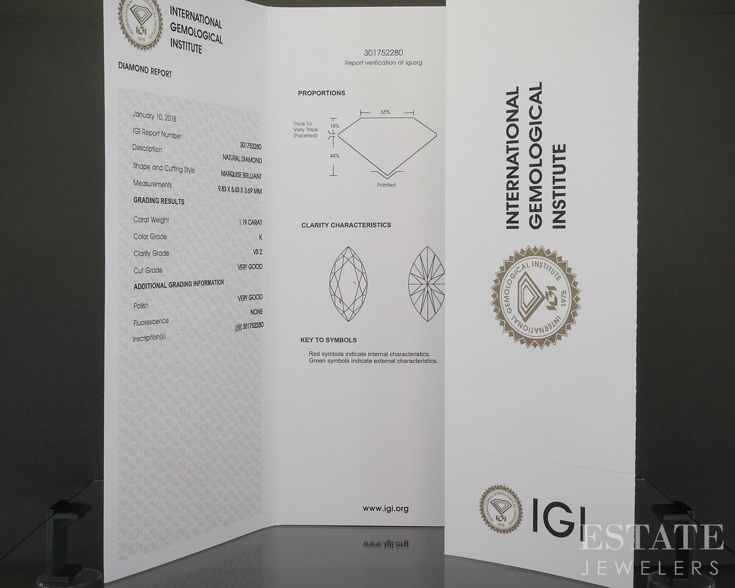 Loose 1.19ct Marquise Cut IGI Cert Natural Diamond VS2/K p27926