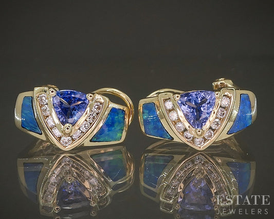 14k Honey Gold LeVian Natural Tanzanite Opal & Diamond Earrings 4.4g p27523