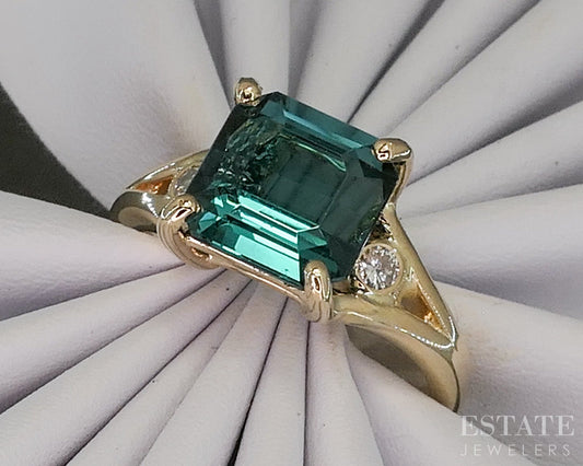 14k Yellow Gold Natural 2.85ct Teal Tourmaline & Diamond Ring 4.2g p28538