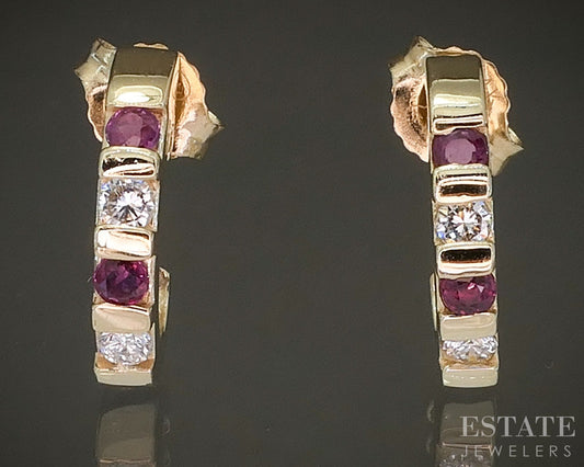 14k Yellow Gold Natural Ruby & Diamond J-Hoop Ladies Earrings 2.4g p28537