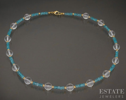 14k Yellow Gold 3.2mm Natural Apatite & Quartz Beaded Necklace 18.4g 16"L p28558