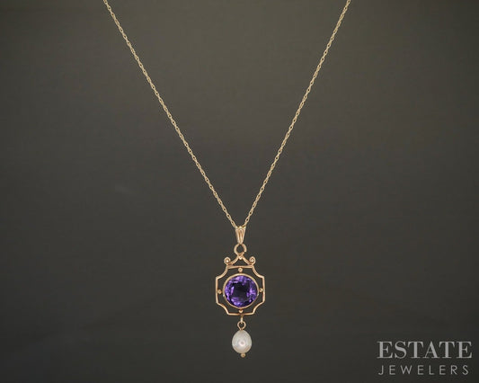 Vintage 10k Yellow Gold Natural Amethyst & Pearl Necklace 2.2g 18"L p26312