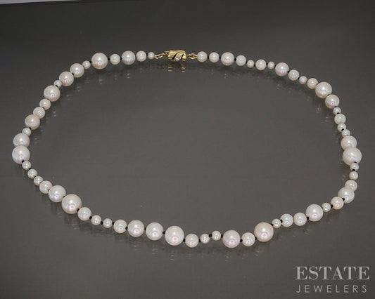 14k Yellow Gold 3.5-8mm Cultured Akoya Pearl & Diamond Necklace 16.5"L p28559
