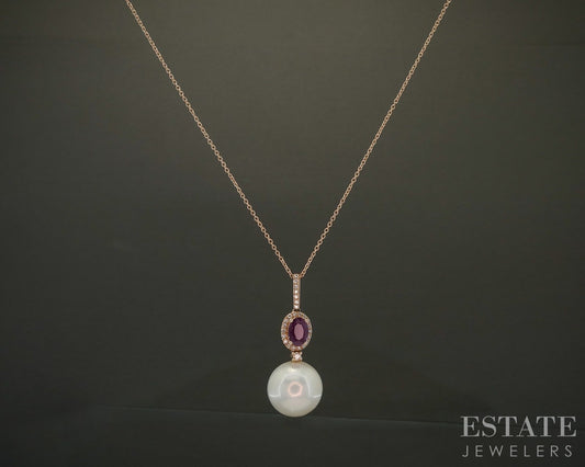 14k Rose Gold 13mm South Sea Pearl Ruby Diamond Honora Necklace 5.9g p24429