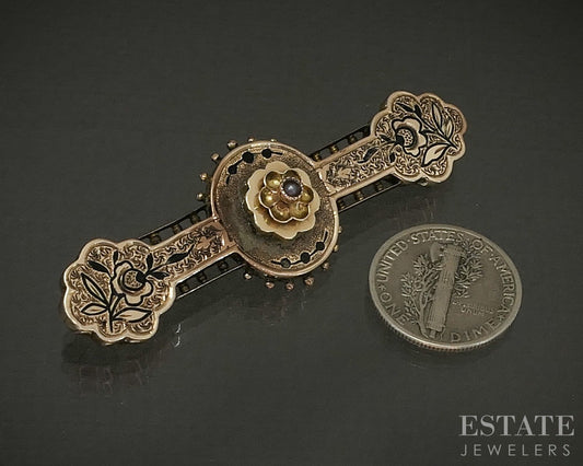 Antique Victorian 10k Yellow Gold Seed Pearl Enameled Bar Pin Brooch 4.6g p25549