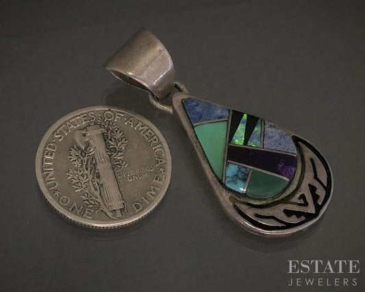 Vintage Sterling Multi Gem Navajo Calvin Begay TSF Ladies Pendant 5.5g p29132