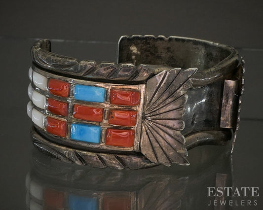 Vintage Sterling Multi Gem Cobble Set Navajo Signed Mens Watch Cuff 102g p29135